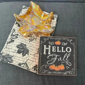 Fall Decor Bundle Home Goods Kitchen Towel Leaf Shaped Candy Dish & Wall Sign